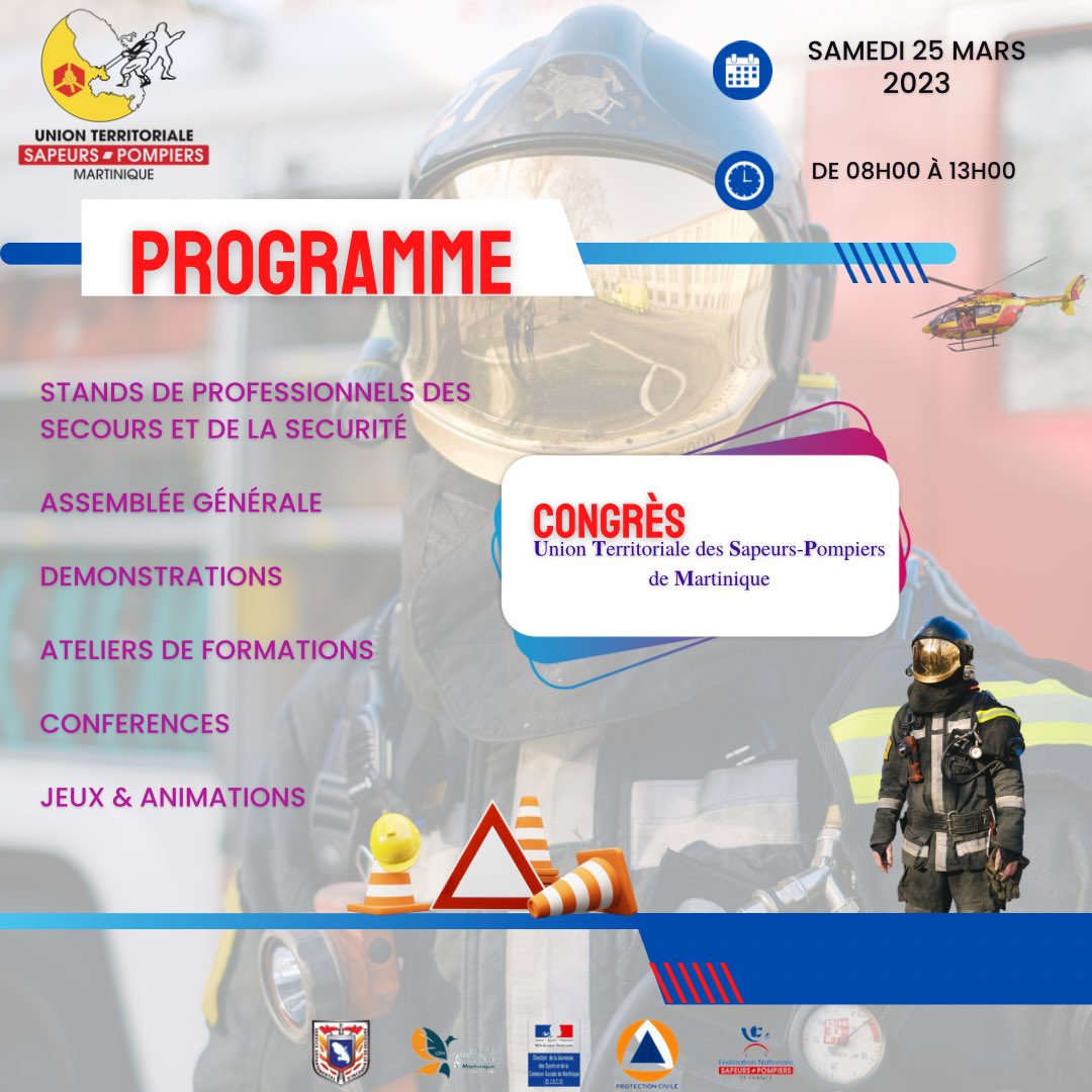 Udsp972's tweet photo. L’#UTSPM vous invite à participer à son congrès le 25 mars 2023.
Venez découvrir le monde fabuleux des sapeurs-#pompiers du @Sdis972 .
Des activités et stands sont prévus pour tous !
Plus d’informations par mail com@udsp972.com https://t.co/efoLavIeYg
