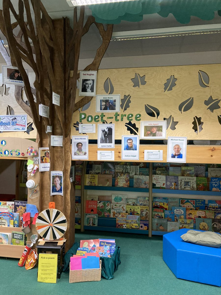 Children are enjoying the new Poet-tree display in the downstairs library. A numbered envelope, spin the Wheel of fortune and read the poem in the envelope with the number you land on. Poems by contemporary/classic poets, different forms, funny, sad etc. @moses_brian @jonnybid