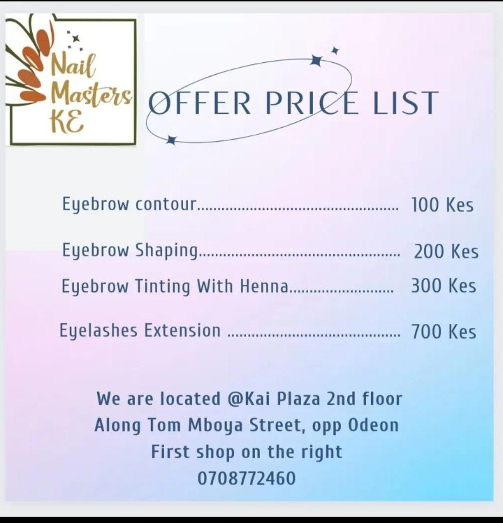 MercyleneN's tweet photo. For all your eyebrow services, kindly visit Nail Masters KE. It is located at Kai Plaza, on 2nd floor, along Tom Mboya Street and opposite Odeon. It is open daily from 9.00 a m.
#NationalShutdown 
#DjFatxo 
#MUFC 
#bolu 
#WBC2003 
#นิกกี้ก้อย https://t.co/YE6aGCMOag