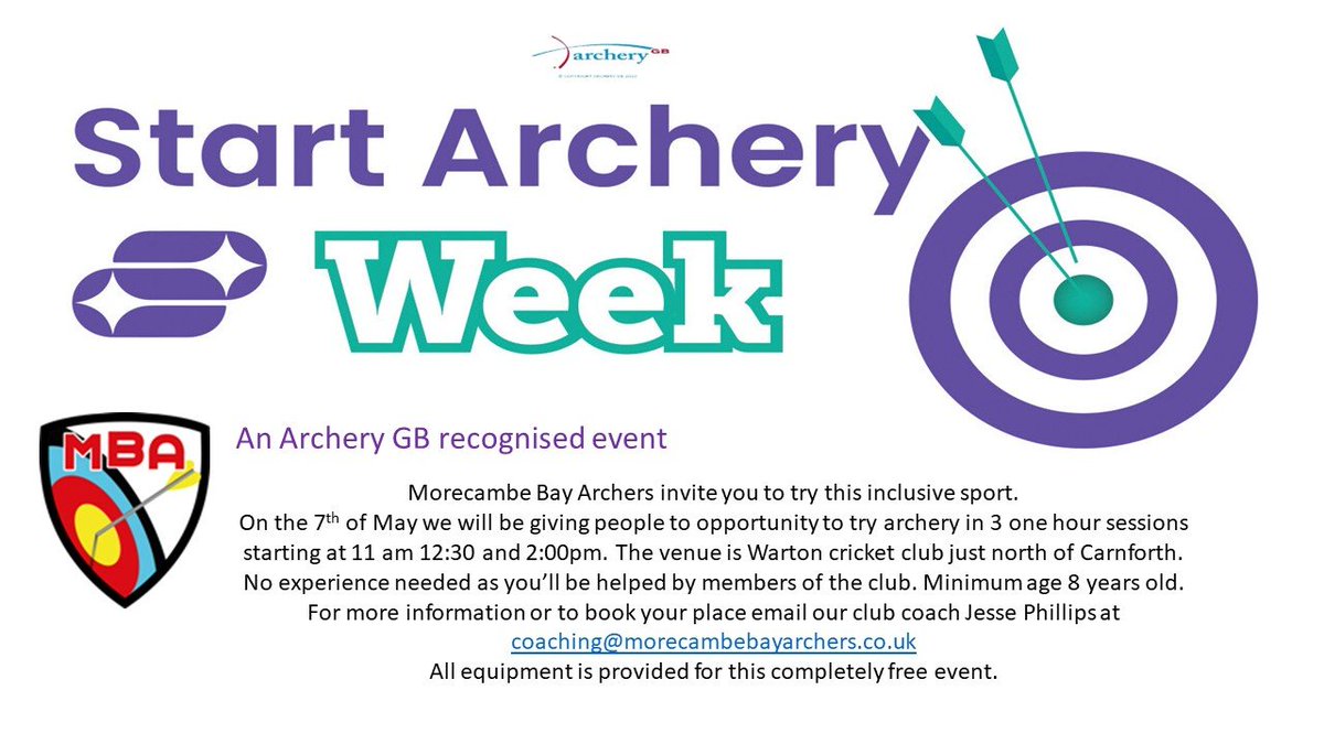 MBayArchers's tweet photo. Start Archery Week 2023!

Morecambe Bay Archers invite you to try our inclusive sport

On the 7th May, we're holding 3 one hour sessions for people to try archery at Warton Cricket Club

Sessions start at 11am, 12:30pm and 2pm. All equipment is provided at our free event https://t.co/MXYOBopbJz