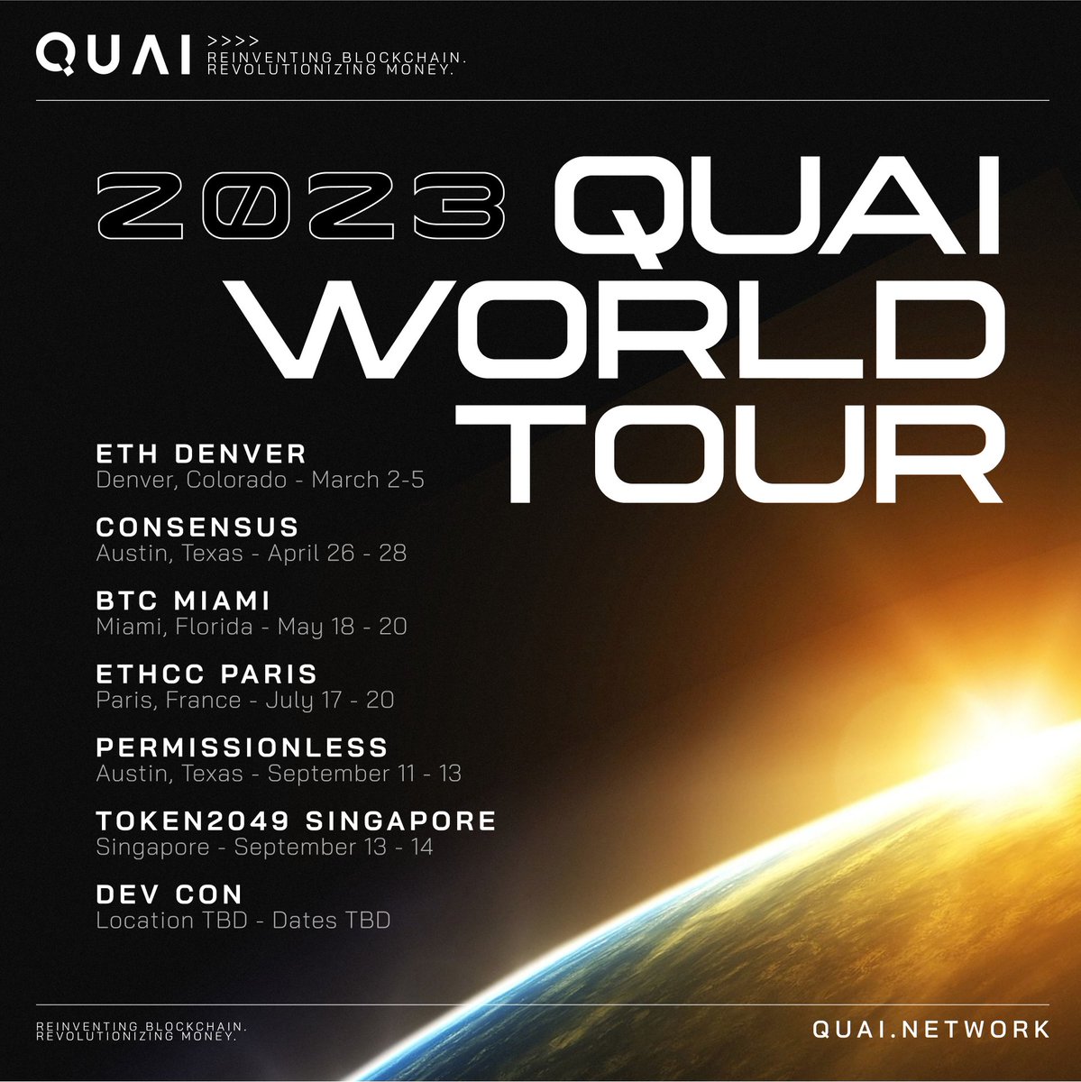 Quai Network ⚡️💵 (@quainetwork) on Twitter photo The next stop on the Quai World Tour is Austin, Texas for <a href="/consensus2023/">#Consensus2023</a>!
Will you be visiting the Quai booth at any of these conferences this year? 🌎👇 The next stop on the Quai World Tour is Austin, Texas for <a href="/consensus2023/">#Consensus2023</a>!
Will you be visiting the Quai booth at any of these conferences this year? 🌎👇