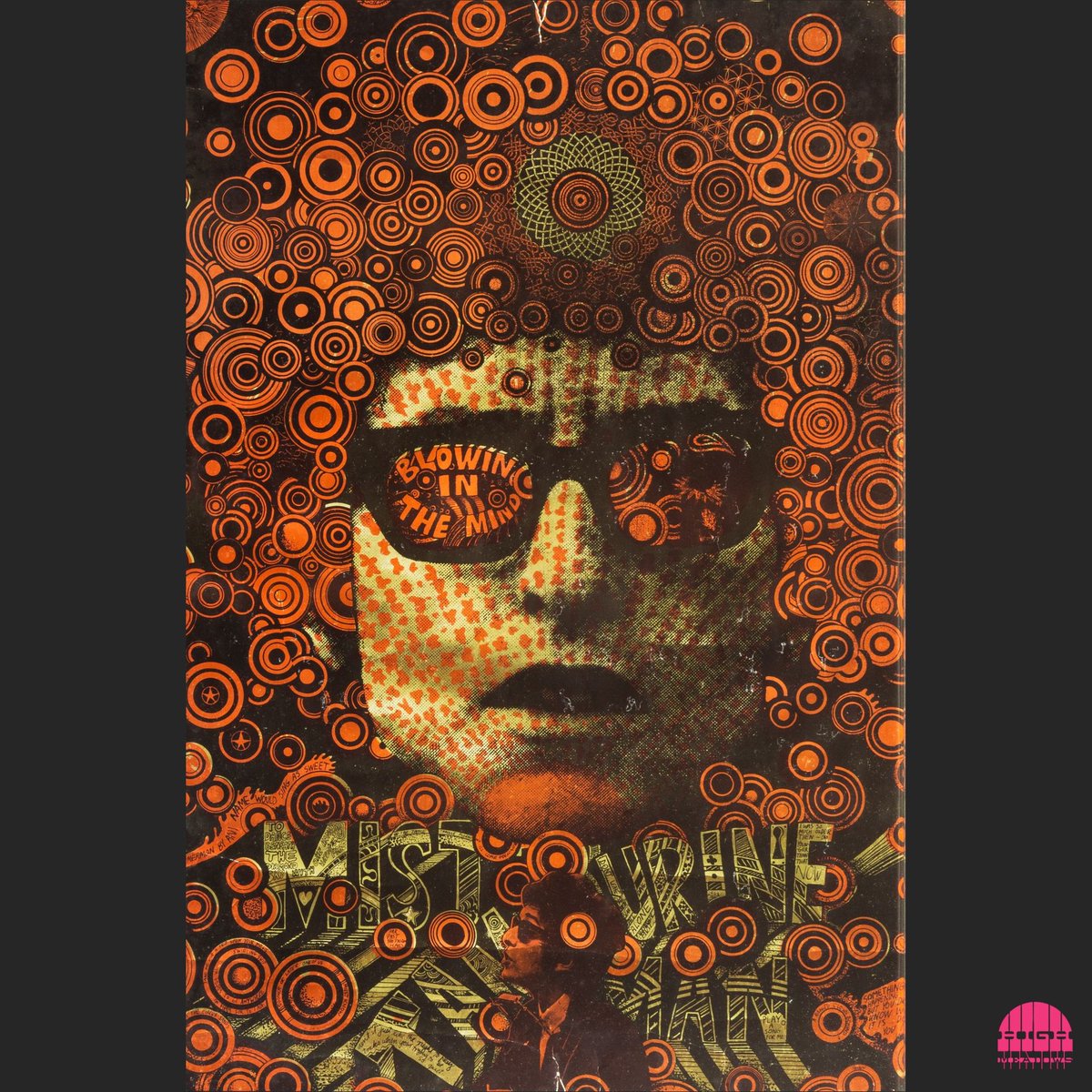 high_meadows's tweet photo. 'Mr Tambourine Man (Blowing in the Mind)' by Martin Sharp, 1967.

Another hugely famous piece, this beautiful poster featuring Bob Dylan is printed using a vivid orange and gold metallic technique and is really something to behold when the light hits it at a certain angle! https://t.co/PxryfuFJYD