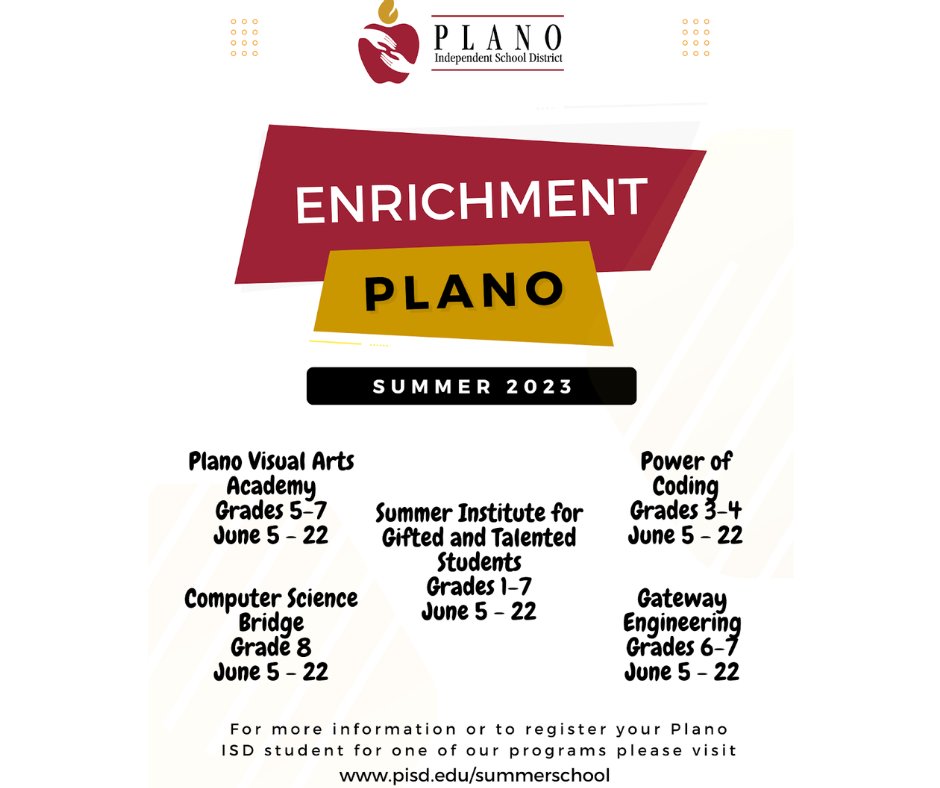 ☀️Registration for Summer Enrichment Programs is now open! With the break soon approaching, Plano ISD is excited to offer programs for current 1st-8th graders! 

For more information, visit: pisd.edu/Page/591