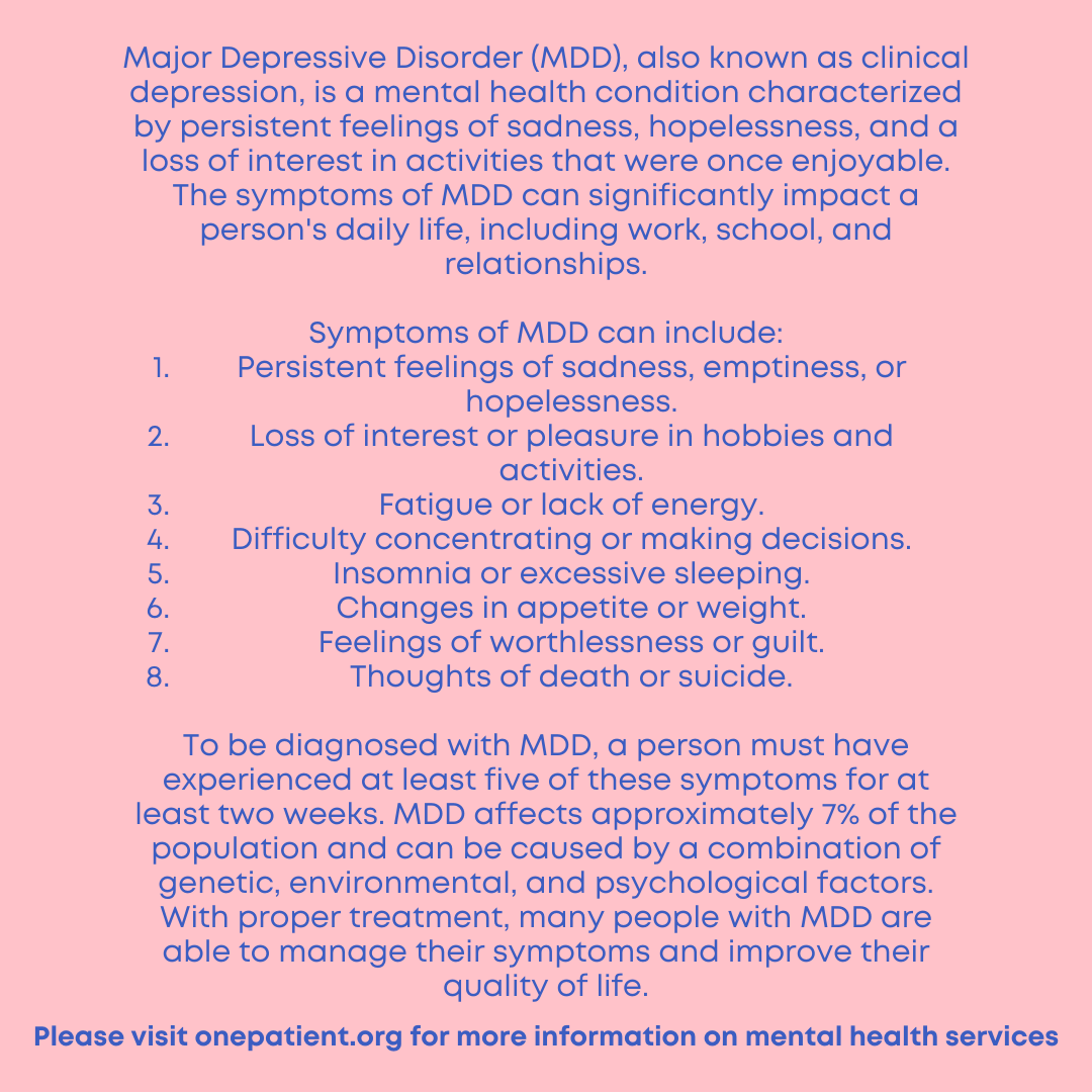 What is Major Depressive Disorder? Please visit our website for more information on the mental health services we provide!

#opghi #onepatient # healthequity #depression #psychology #strength #therapy #selfcompassion #healthandwellness