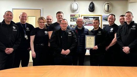 Daryl Herbert receives a High Sheriff's Award on behalf of the outstanding men and women who are the Dursley Retained firefighters.  On-call, day job, family, plus plenty of other volunteering in the community, and they are fun to know as well.  Thank you.
<a href="/highsheriffs/">High Sheriffs' Association of England and Wales</a> <a href="/Glosfire/">Gloucestershire Fire and Rescue Service</a>