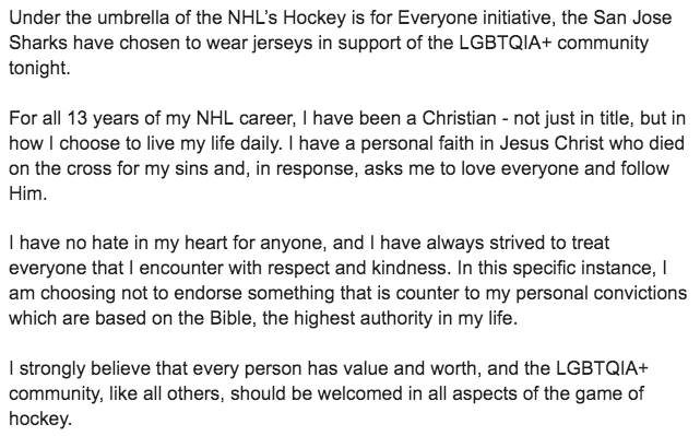 cmasisak22's tweet photo. James Reimer, Logan Couture and David Quinn all spoke with the media. Here is Reimer's official statement about declining to wear a Pride jersey tonight ... https://t.co/RYflrIEAHC