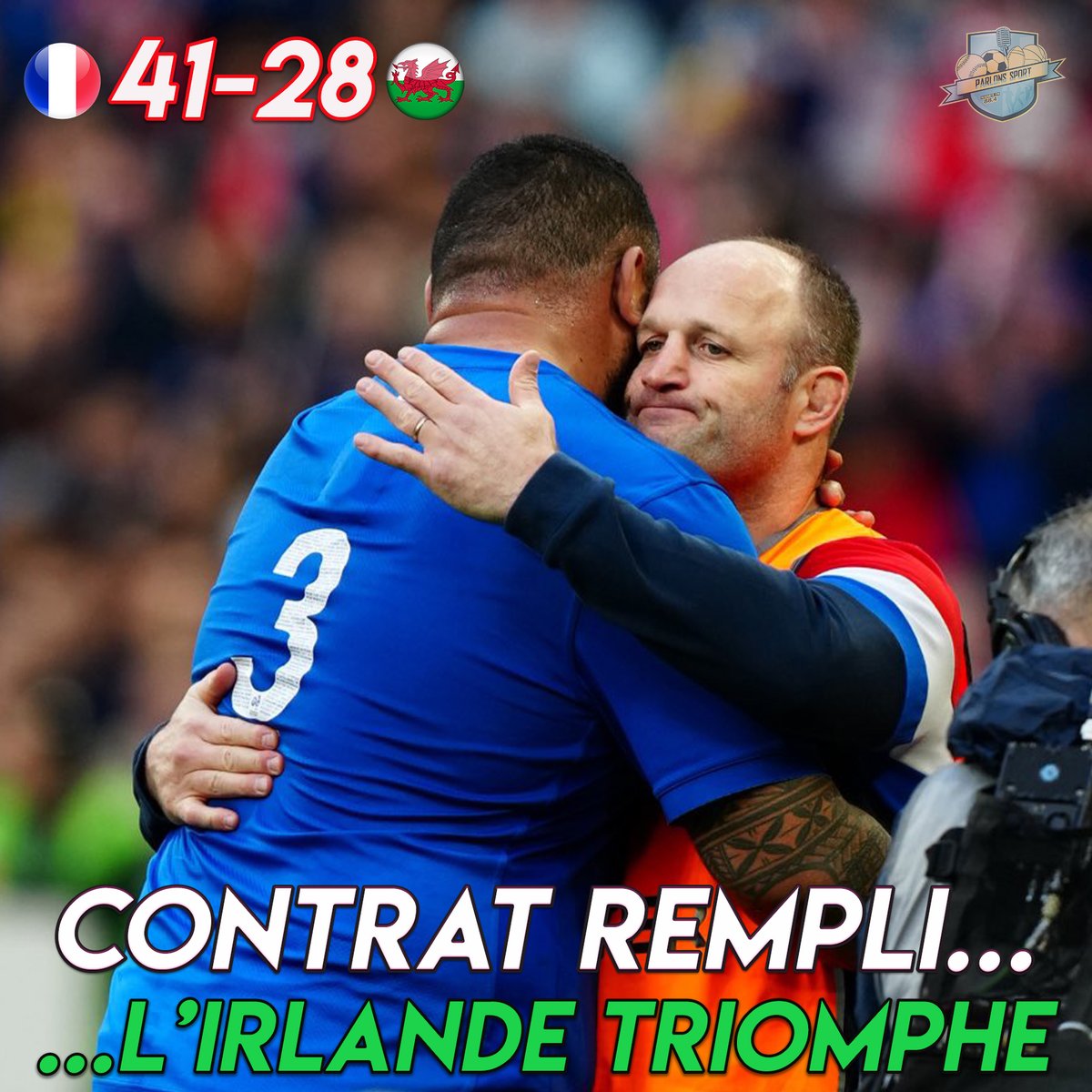 🚨[#rugby] Les Bleus finissent le travail et battent le Pays de Galles 41 à 28 ! Insuffisant pour remporter le Tournoi, c'est un Grand Chelem pour l'Irlande. 
Mention spéciale pour Thomas Ramos, 84 pts sur la compétition et record 🇫🇷🏉
#FRAPDG #XVdeFrance
