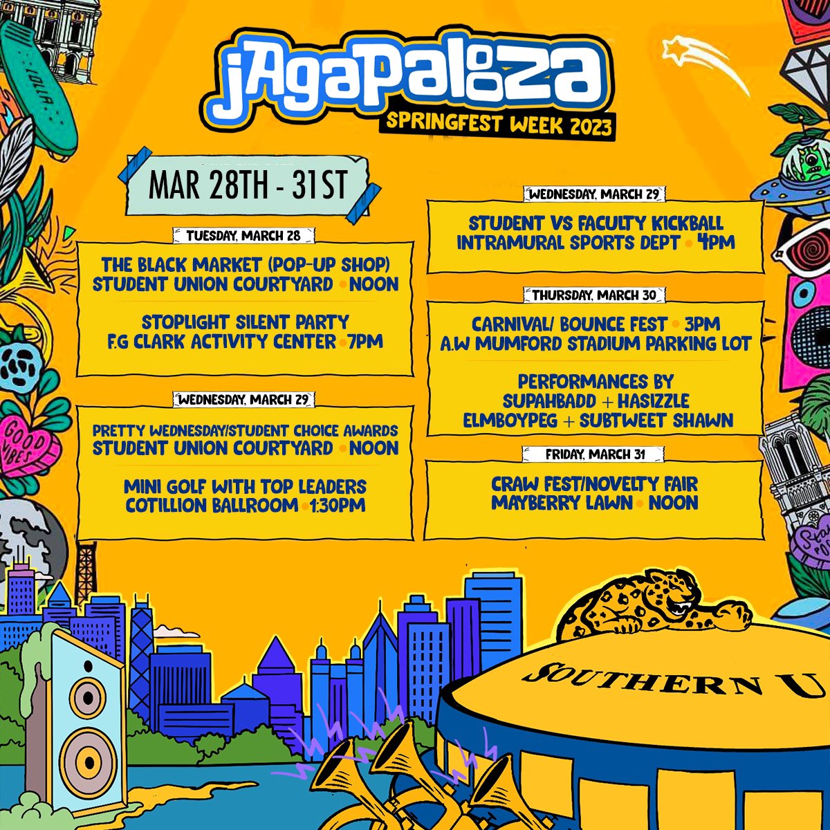JAGUAR NATION💙💛…IT’S TIME🥳We’re coming at you with the Ultimate Festival the Bluff has ever seen!👀🤪. Clear your schedules March 28th-31st because Jagapalooza is on the way!Jaguar Nation has ever seen🔥. From Silent Parties to Supahbadd, we are LIVE IN THE 225.#Jagapalooza