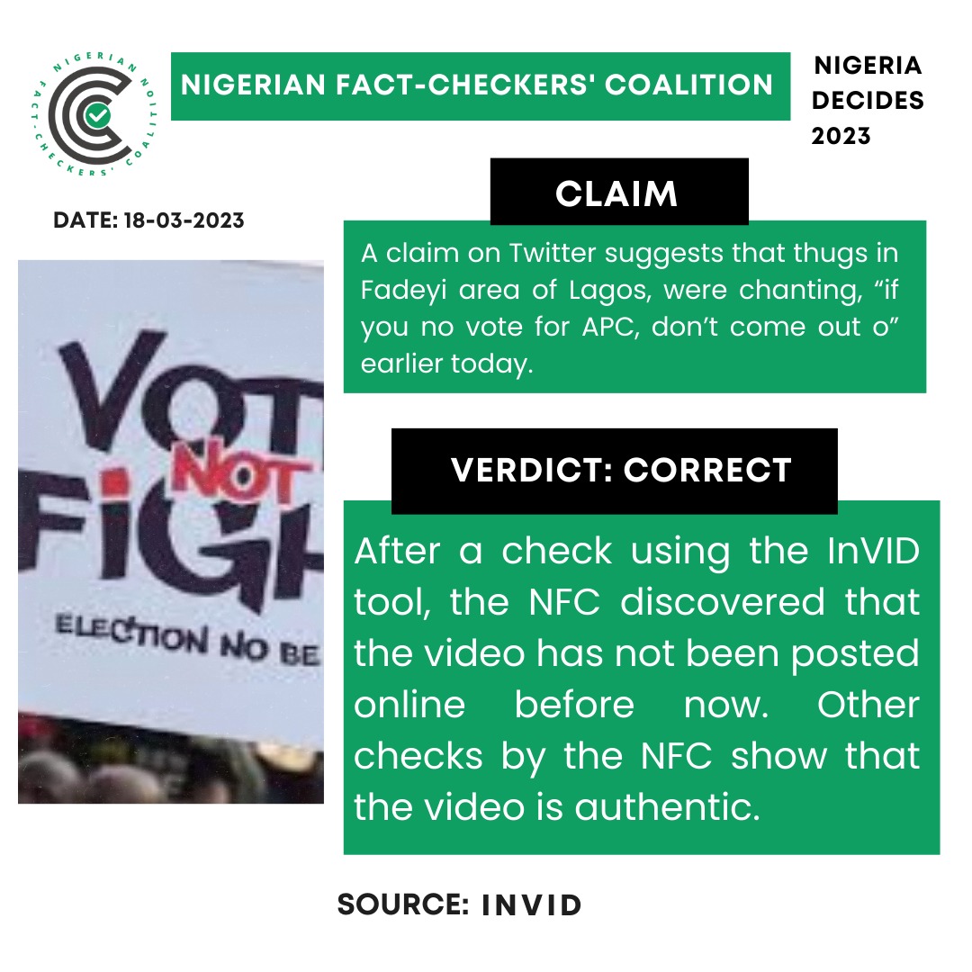 TheICIR's tweet photo. CLAIM: A claim on Twitter suggests that thugs in Fadeyi area of Lagos, were chanting, “if you no vote for APC, don’t come out o” earlier today.
VERDICT: CORRECT
SOURCE: Invid
#NigeriaDecides2023 #NGFactCheckers #NigeriaElections2023 #ICIRElectionCoverage https://t.co/JBjtTmtx7i