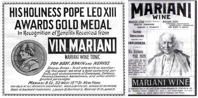 2 vintage black and white posters for Mariani Wine or Vin Mariani, both depicting the pope. In the first, it says "His holiness Pope Leo XIII awards gold medal to Vin Mariani, wine tonic for body brain and nerve."

And the next poster depicts the pope himself smiling on a poster with Mariani Wine, and an endorsement it helps recovery from the flu. 