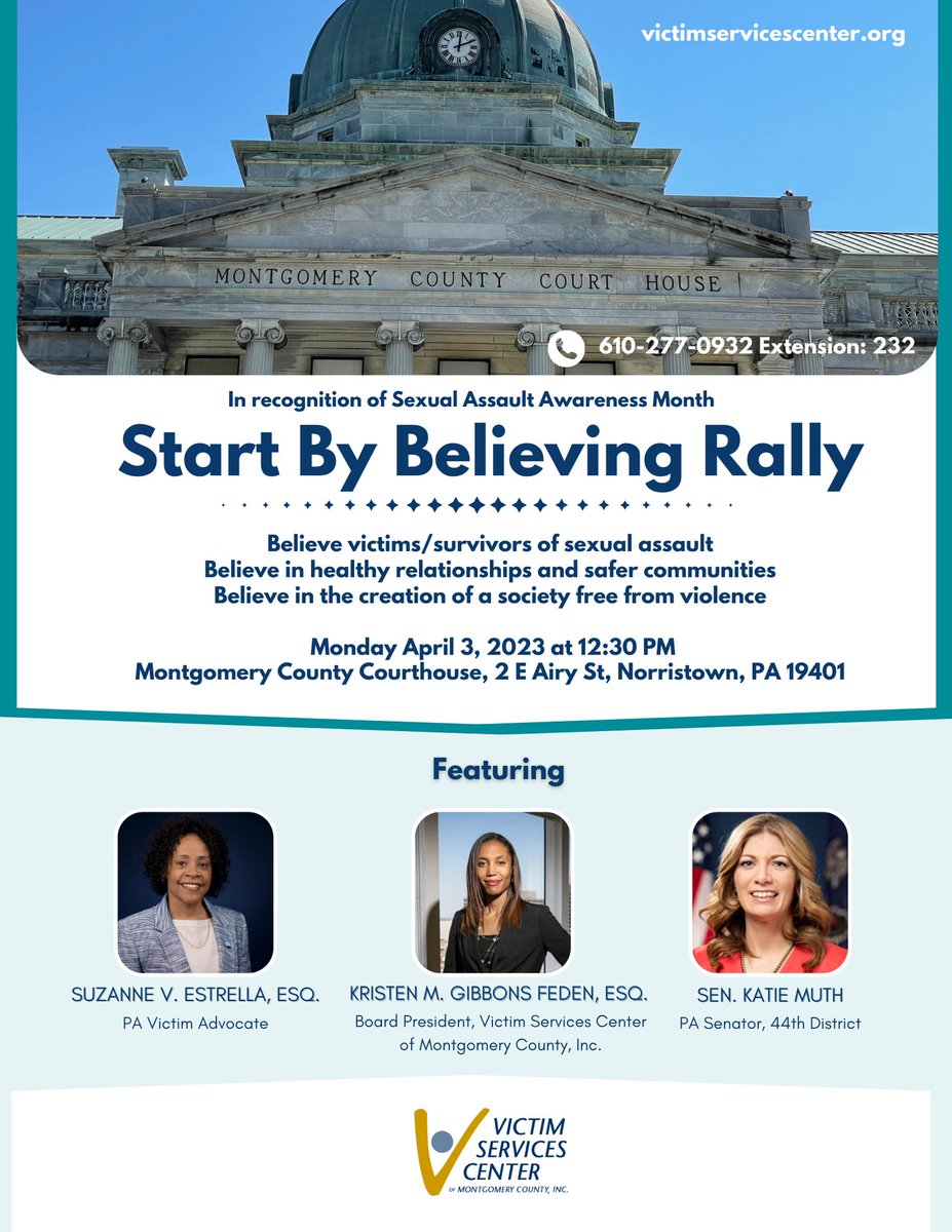 Kickin' off SAAM with Victim Services Center &amp; <a href="/SenatorMuth/">Senator Katie Muth</a> - join us April 3 at 12:30 at the Montgomery County Courthouse! 

#SAAM2023 #StartByBelieving #SexualAssaultAwarenessMonth