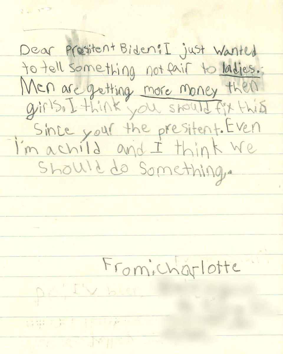 WhiteHouse46's tweet photo. Charlotte wrote a letter to President Biden to express her frustration with the pay gap.

Gender and racial wage gaps lead to women losing hundreds of thousands of dollars over a lifetime. 

The Biden-Harris Administration will continue to fight for equal pay for all Americans. https://t.co/u1Mz1TFxvx