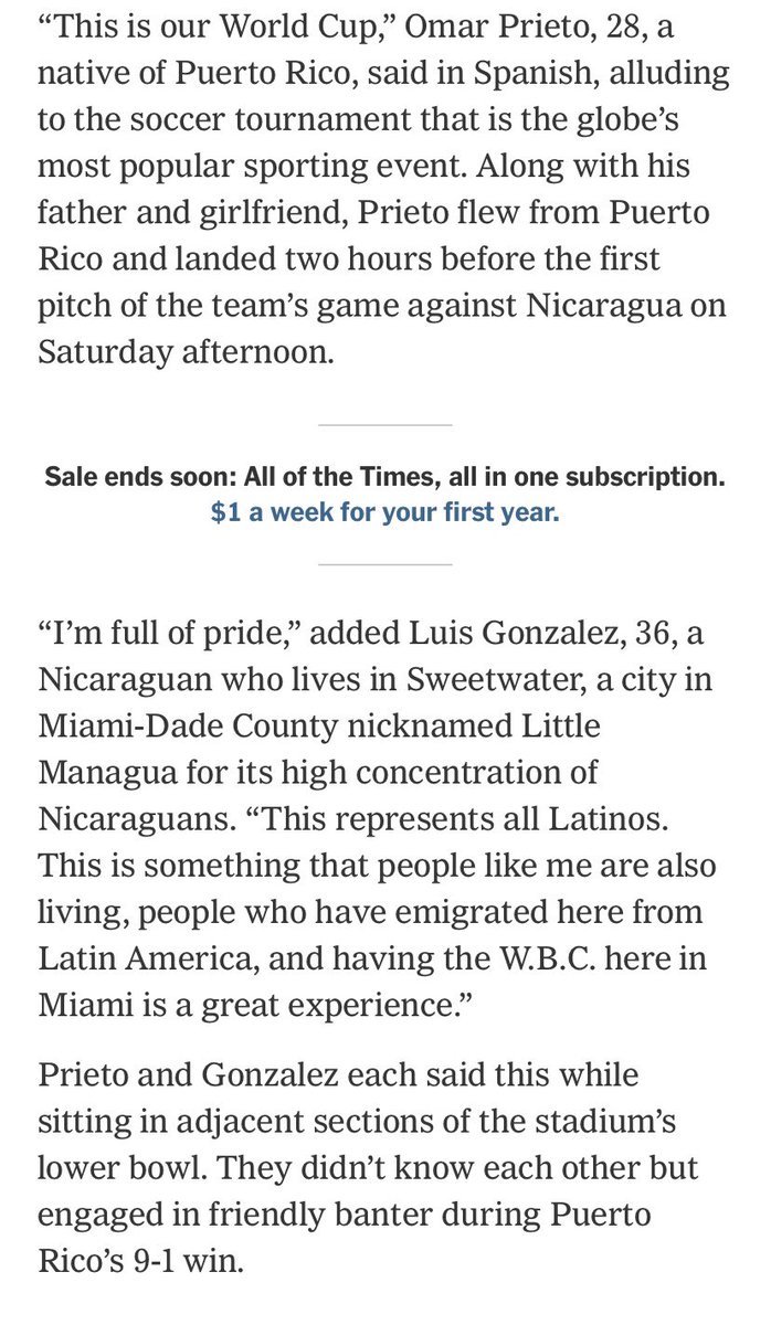 CapicuPrieto's tweet photo. New York Times Article 

The World Baseball Classic is the World Cup for us 🇵🇷 https://t.co/NmH1kKaPHg
