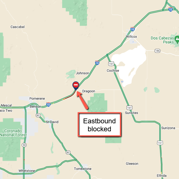ArizonaDOT's tweet photo. *CLOSURE*

I-10 eastbound is CLOSED near Benson.

The closure is due to a crash at milepost 318.

Expect delays and seek an alternate route.

There is no estimated time to reopen the freeway.

#aztraffic https://t.co/6xRrTPa5Vp