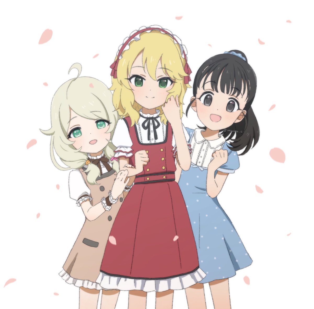 sakurai momoka ,yusa kozue multiple girls blonde hair 3girls dress green eyes black hair blue dress  illustration images