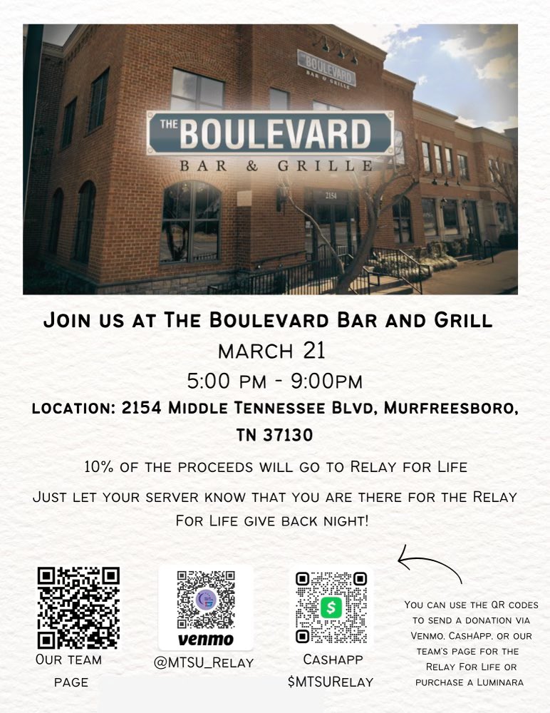 mtsu_relay's tweet photo. Come join us on Tuesday, March 21 for our Give Back Night! https://t.co/vHuJ0ZNHdr