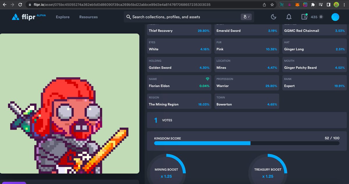 Super smooth minting process @flipr_io & @GGMC_nft. @jpgstoreNFT think you got some strong competition. Pulled myself an expert warrior with a pretty boost's for both mining & treasury. My other one is apprentice warrior. Very interested to see where this goes next bull run.