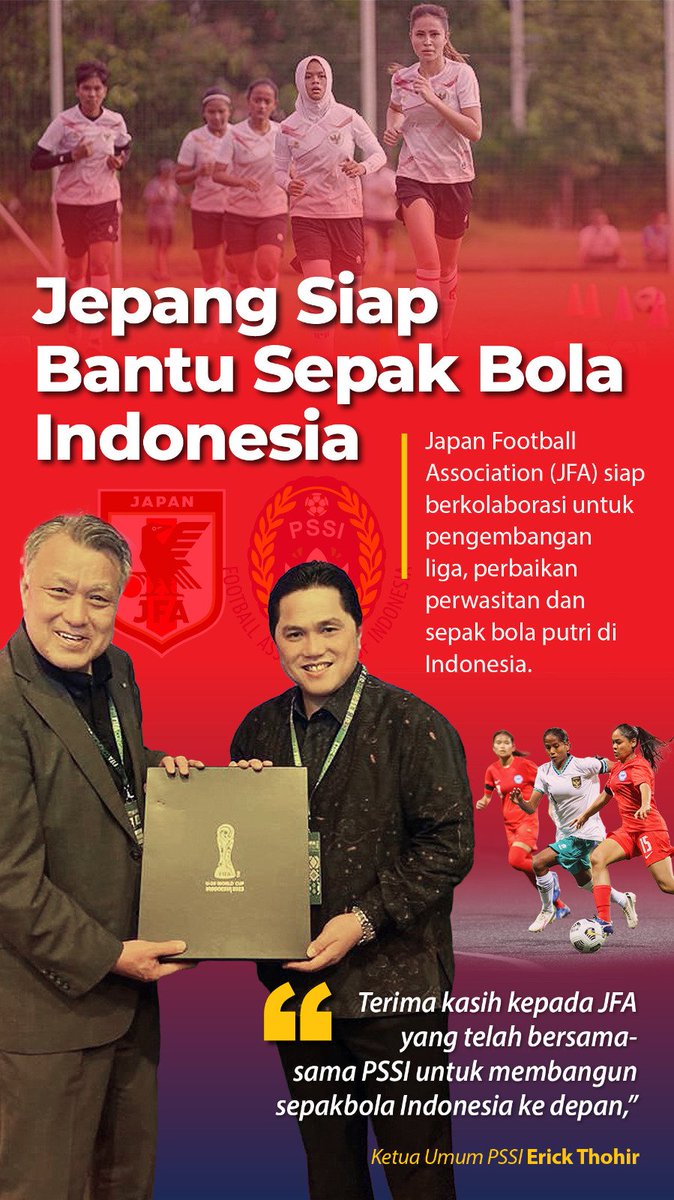 FirzaHusain's tweet photo. Japan Football Association (JFA) berkolaborasi untuk pengembangan liga, perbaikan perwasitan &amp; sepak bola puteri di Indonesia.
Ketum PSSI Erick Thohir berterimakasih kepada JFA yg telah bersama2 PSSI untuk membangun sepak bola Indonesia ke depan.
#GueBarengErickThohir https://t.co/RSsBIFalib