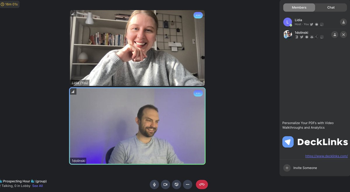 1dolinski's tweet photo. 👀 https://t.co/DJZ4jHWrlh's new promotion feature in action!

Today I'm talking with @byvi_co who founded @deck_links 

All calls you join with Lidia you'll see her company logo and link to her https://t.co/iITjOWQ1VM website! https://t.co/ktovZt7W6N