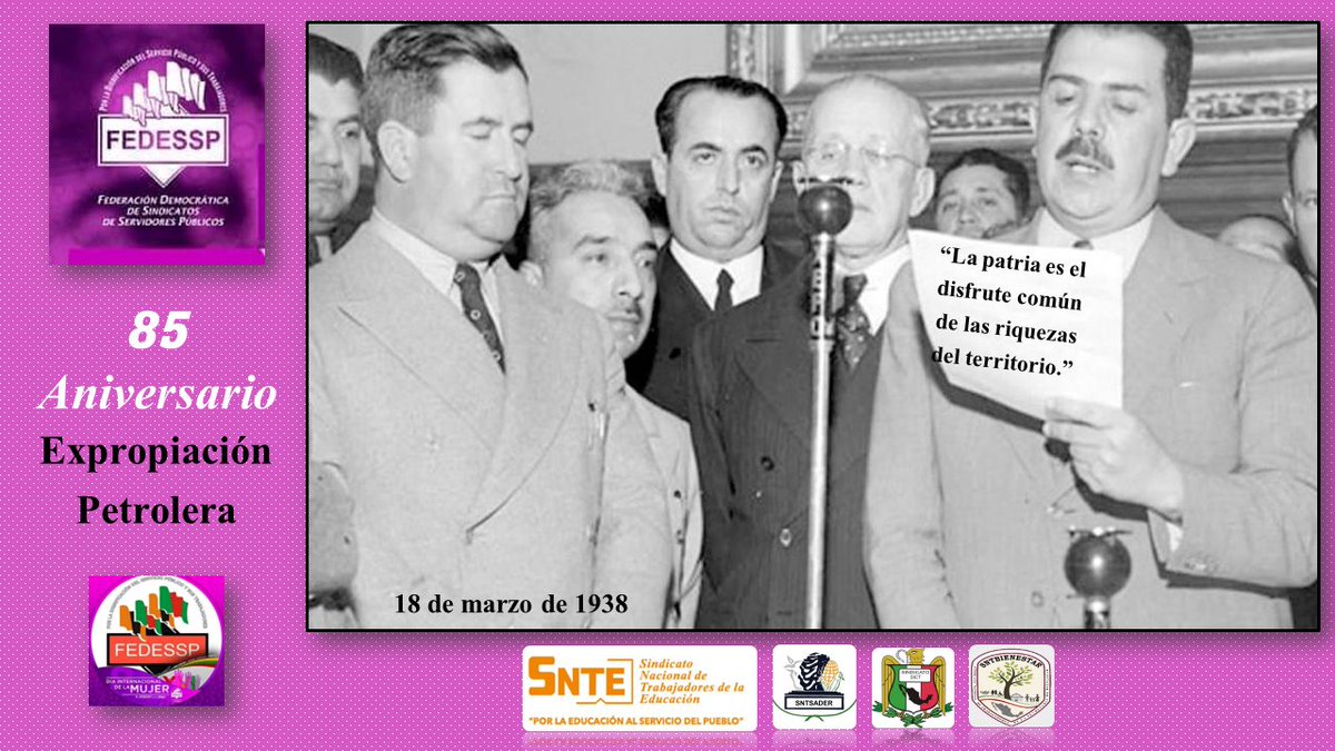 85 Aniversario
#ExpropiaciónPetrolera
Como resultado de ejecución de la Ley de Expropiación del año 1936 y del artículo 27 de la #Constitucion, decreto anunciado el 18 de marzo de 1938, por Lázaro Cárdenas del Río
<a href="/Pemex/">Petróleos Mexicanos</a> 
<a href="/agusaviles1/">Agustín Avilés</a> <a href="/pedrojoseescar3/">pedro jose escarcega delgado</a> <a href="/SNTSCT/">EDUARDO CARDENAS</a> <a href="/marudavalos29/">Maru Dávalos</a>