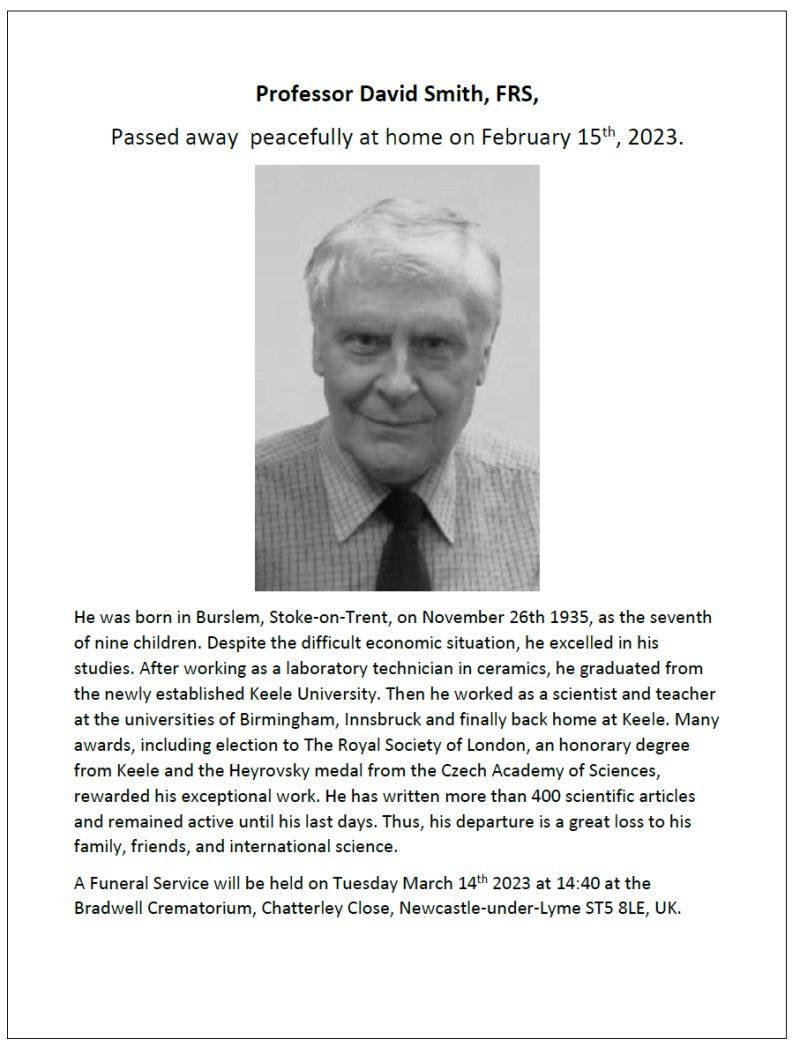 5D_Stoke's tweet photo. A sad day with other former colleagues saying farewell to Prof David Smith FRS, gentle man of science, probably @KeeleUniversity's most lauded alumnus and employee - its only recent Fellow of the Royal Society. My Keele scarf got a very rare outing, in respect. @PhaBResearch #RIP https://t.co/5PSu0rFYy4