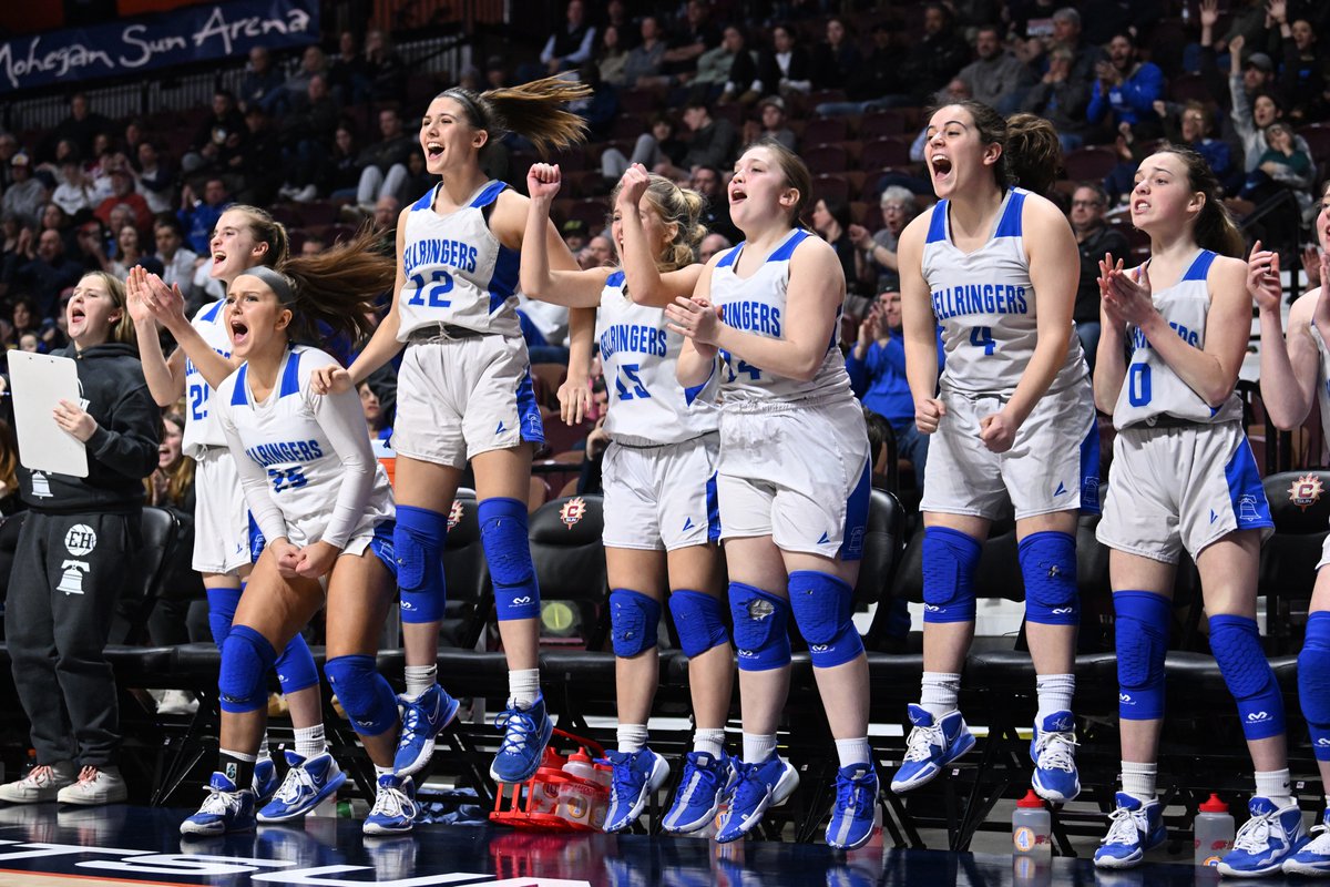 The East Hampton bench celebrates as the clock ticks down in the <a href="/ciacsports/">CIAC Sports</a> Class M championship game against Valley Regional. The Bellringers won, 31-29. For <a href="/hartfordcourant/">Hartford Courant</a> <a href="/lrileysports/">Lori Riley</a>