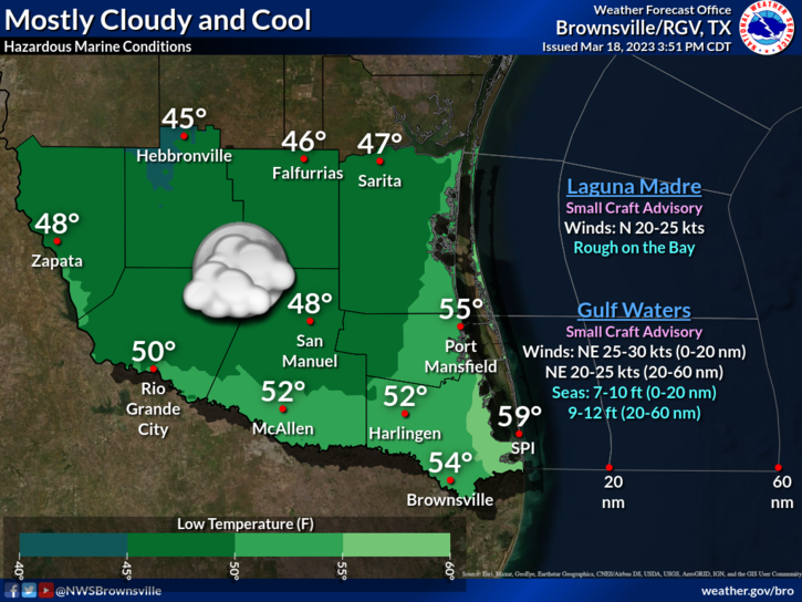 NWSBrownsville's tweet photo. Mostly cloudy skies are expected overnight with cool temperatures. Lows will dip into the mid/upper 40s to mid 50s across most of Deep South Texas. Hazardous marine conditions will continue with Small Craft Advisories in effect. #RGV #txwx #RGVWX https://t.co/9F00zd4s8j