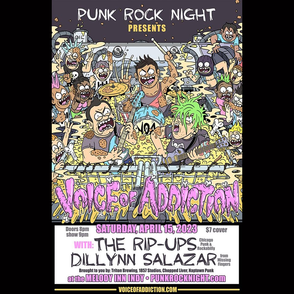 VOArockers's tweet photo. SAT APRIL 15 INDIANAPOLIS IN #Punknight @VOArockers (chicago) @DillynnSalazar #TheRipups https://t.co/SsRata7fA5 at @TheMelodyInn from @Punk_Rock_Night #punk #VoiceOfAddiction #Chicagopunk #punkvinyl #punkalbum #punkrock #VOA #DIY #FYP #DeepFried #DirtyDive #Tour #DDDfriedtour https://t.co/w1irBPmrun