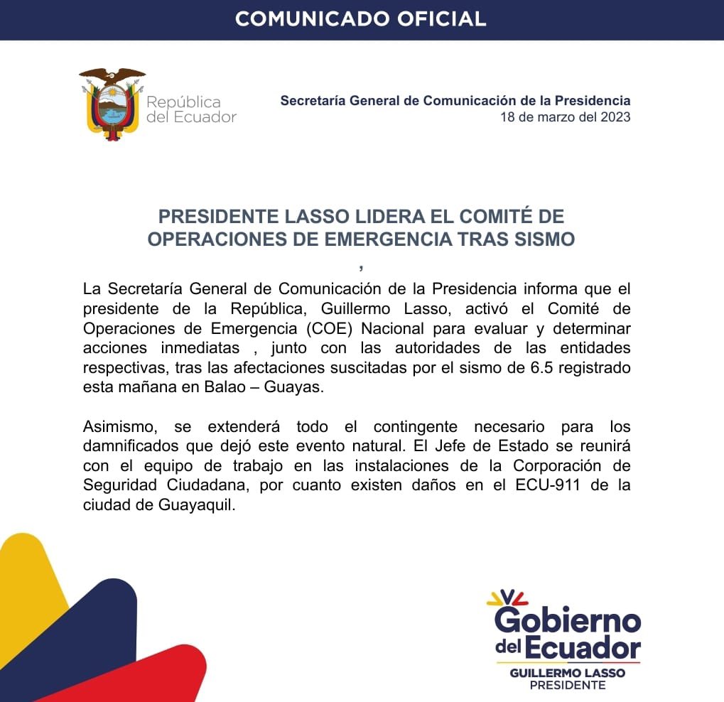 Compartimos el comunicado oficial de <a href="/ComunicacionEc/">Comunicación Ecuador 🇪🇨</a> sobre las operaciones tras la situación actual del sismo en nuestro país.

<a href="/Riesgos_Ec/">Riesgos Ecuador</a> <a href="/VOSTamericas/">VOSTamericas</a> #COENacional #COEInforma #VOSTEcuador #Terremoto <a href="/ECU911_/">ECU 911</a>