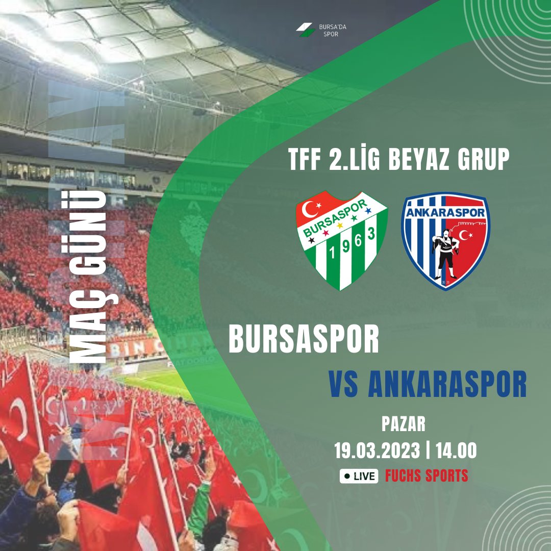 🐊 Maç Günü
🗓️ 27. Hafta
🆚 Ankaraspor
⏰ 14.00
🏟 Bursa BB Stadı
📢 Eren Gökmen
🌧 11°
📺 Fuchs Sports
📲 #BSvAS