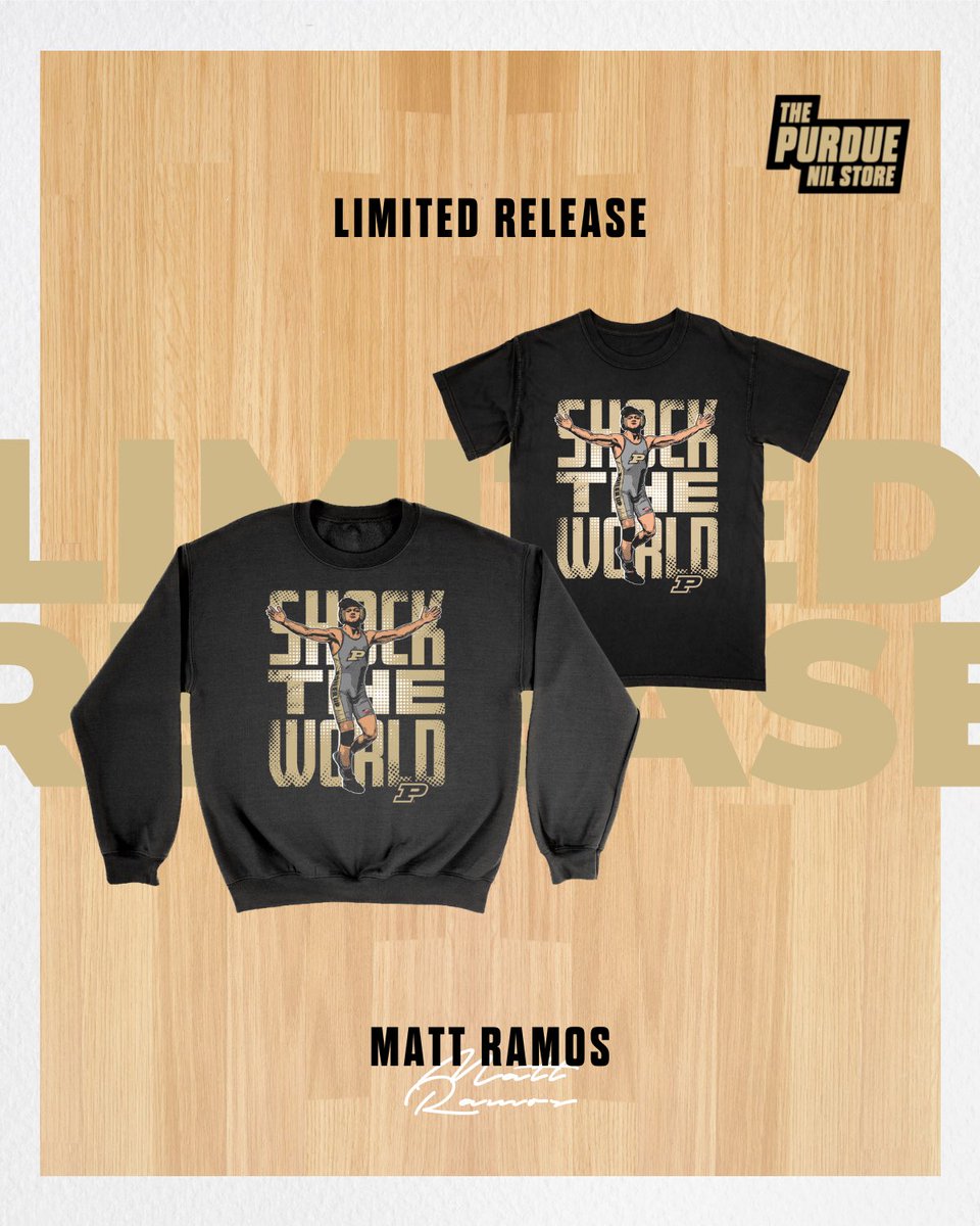 PurdueNILStore's tweet photo. SHOCK THE WORLD. 

Celebrate one of the most historic wins in @NCAAWrestling history!

Support @Matt_Ramos2 - every purchase puts industry-leading royalties  into his pocket. 

https://t.co/TrdkkIwvck https://t.co/GFKsUum6K2