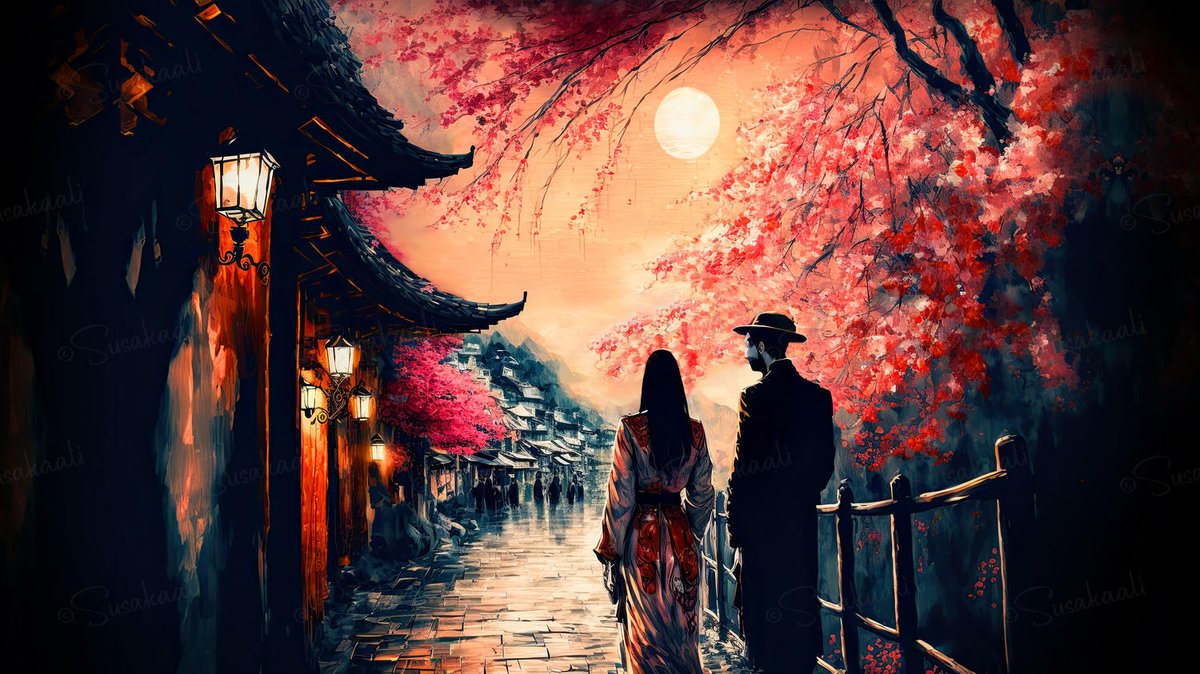 Susakaali's tweet photo. 🌸 #Cherryblossoms #bloom all around,
As they stroll through the cozy #oldtown,
Moon rising, creating a serene delight,
#Friendship and #nature, a beautiful sight 🌸

#Relax &amp; unwind with #calmingmusic
📺 👉https://t.co/EYVRGijzzx https://t.co/nh61qVG0zw