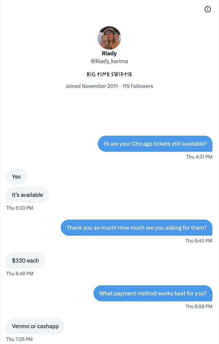 blitheandbonny's tweet photo. SCAMMER!! Dont trust this person. My friend sent her money for a Taylor Swift ticket and she refused to send it and said my friend had to send more money cause it was a "duo ticket". Fucking ridiculous @Riady_karima https://t.co/l6sZbbdz6A