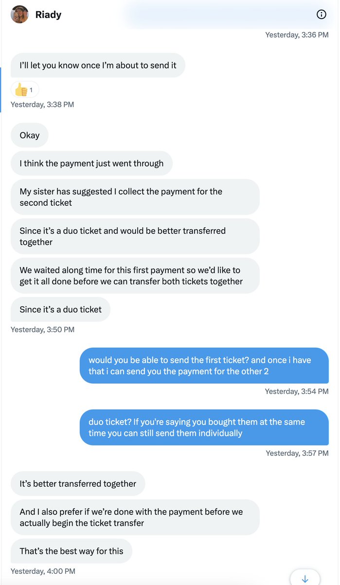blitheandbonny's tweet photo. SCAMMER!! Dont trust this person. My friend sent her money for a Taylor Swift ticket and she refused to send it and said my friend had to send more money cause it was a "duo ticket". Fucking ridiculous @Riady_karima https://t.co/l6sZbbdz6A