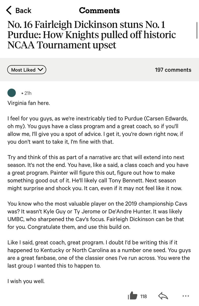 Going into the comments section on this article was a choice, but this top comment from a Virginia fan was a pleasant surprise. 

Classy move from this anonymous Cavalier.