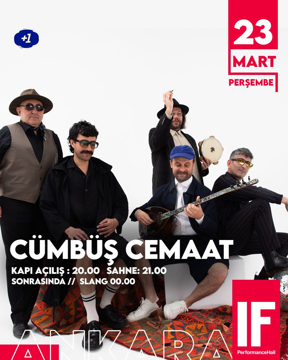 "CÜMBÜŞ CEMAAT" <a href="/cumbuscemaat/">Cümbüş Cemaat</a> 23 Mart Perşembe akşamı saat 21'de IF sahnesinde!
Biletler ifperformance.com/23-mart-ankara…
Sonrasında ise saat 00.00'dan itibaren "SLANG" sizlerle...🤘

#IFPerformance #IFPerformanceHall #Ankara #Event #Concert #KırmızıyaKoş #GeceIFteBiter #CumbusCemaat