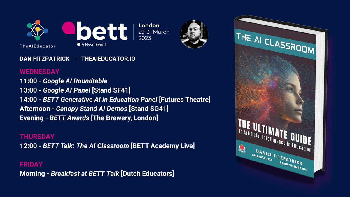 I'm at BETT in London next week. 

It would be great to catch up or meet you. 

Here is where I'll be 👇

#BETT23 #AI #AICLASSROOM