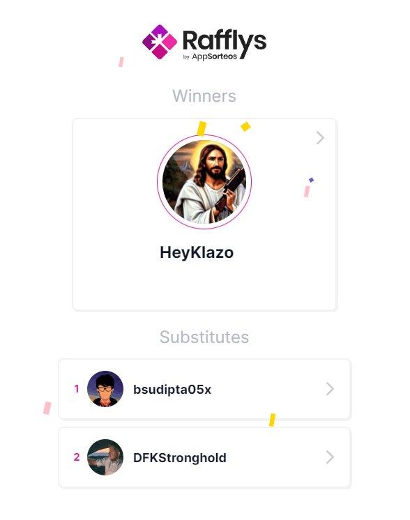 We have a winner!

For our first Twitter giveaway, this random website randomly selected a random winner - and it's <a href="/HeyKlazo/">AK-47 Jesus</a>! Congratulations!

Reach out to Stronghold on the Eggspert discord - discord.gg/cktHnaDTma within 7 days to claim your prize!

#DeFiKingdoms #DFK $jewel
