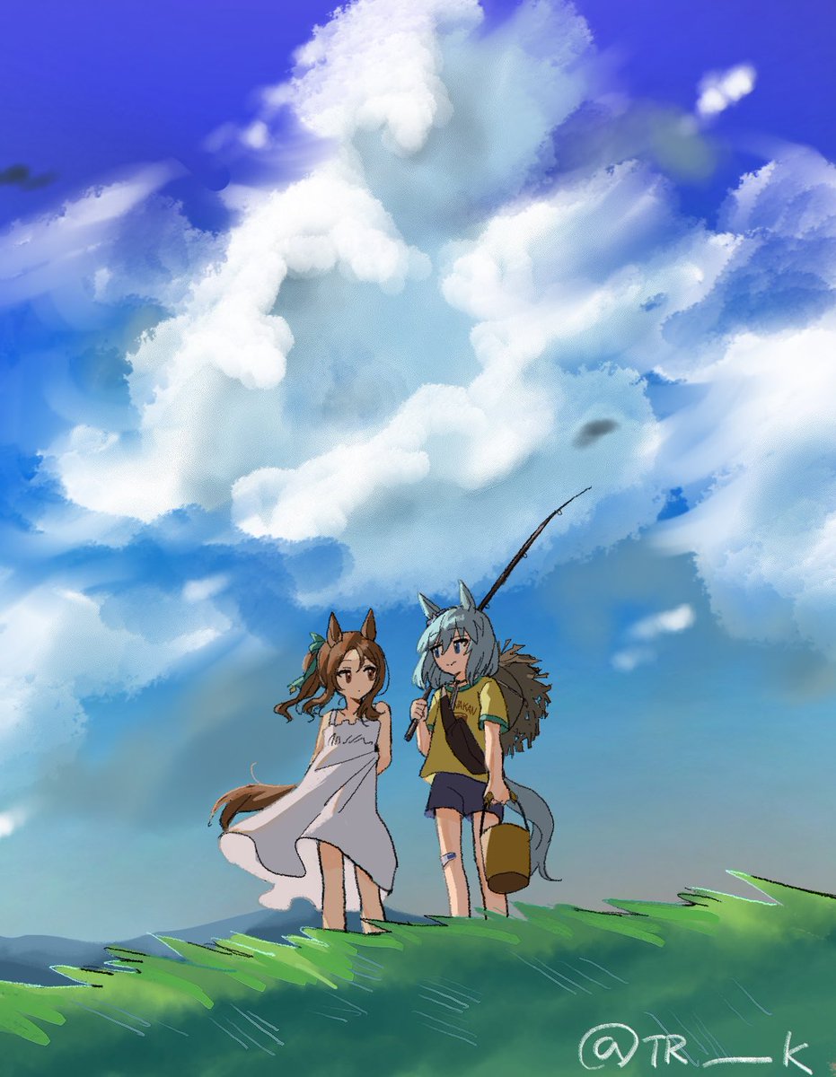 seiun sky (umamusume) multiple girls holding bucket holding fishing rod animal ears horse tail fishing rod horse ears  illustration images