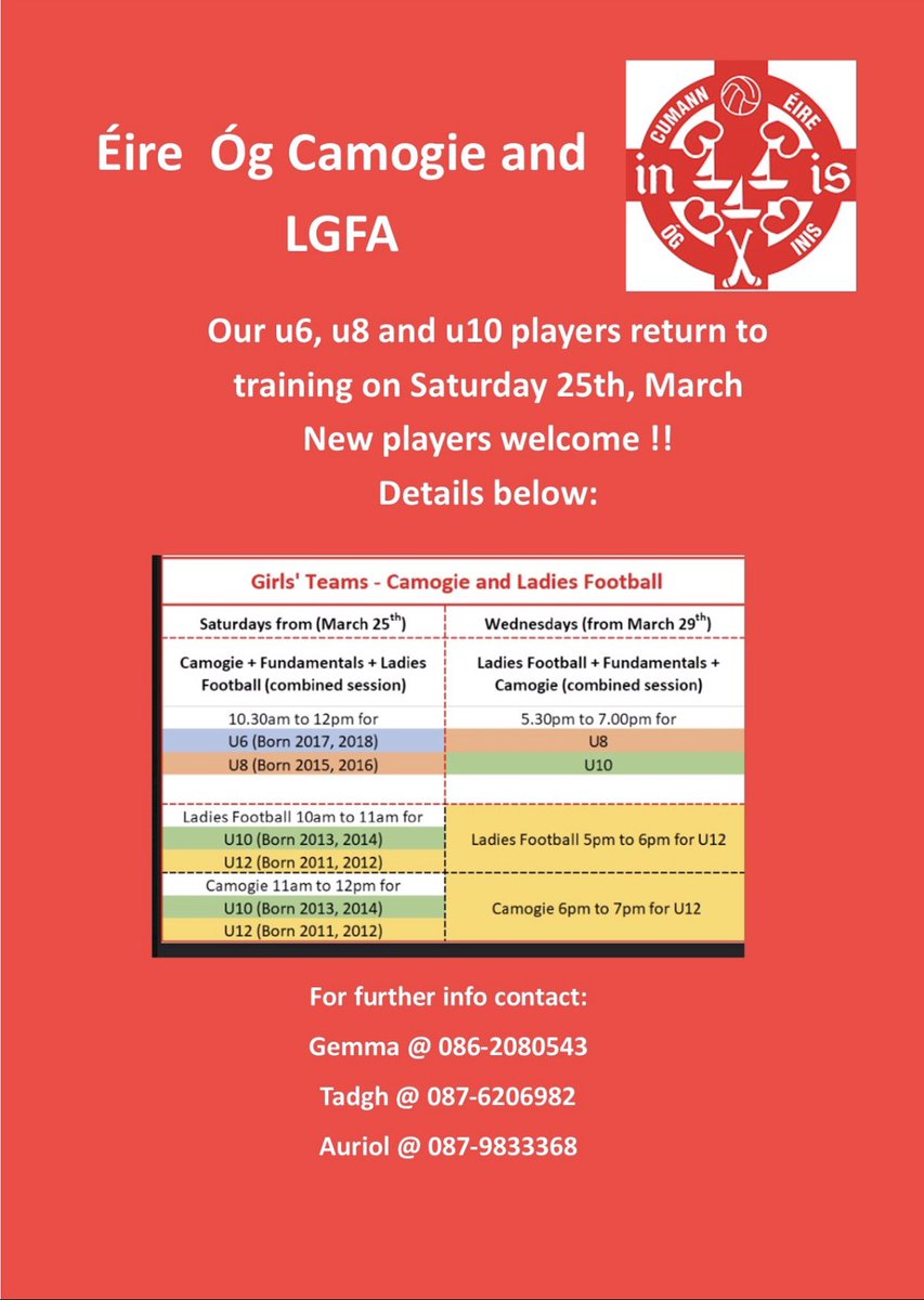 Our younger players return to training this Saturday.
In a joint initiative with Eire Og Ladies Football, we will be running a combined session on Saturdays for our u6 and u8 players and for u8s on Wednesdays. 
@CLGEireOgInis @ennisns @holyfamilyennis @gmcinis @criostri