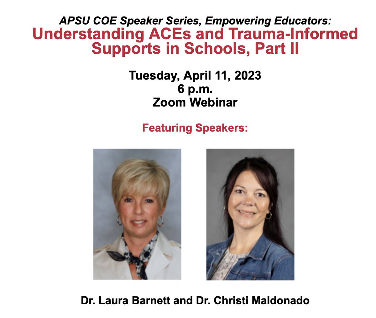 📣 Calling all current and future teachers! Join the APSU Eriksson College of Education Alumni Chapter for a FREE webinar on Understanding ACEs and Trauma-Informed Supports in Schools, Part II, 6 p.m., April 11, 2023.

RSVP: alumni.apsu.edu/s/1806/17/inte…