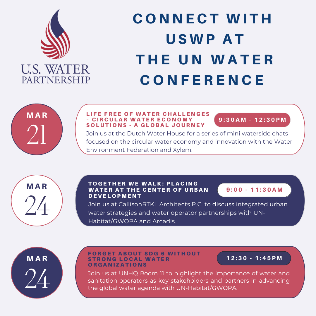 Only four days until the historic #UNWaterConference. <a href="/USWP/">US Water Partnership</a> is partnering on three side events. Join us to dive into the circular water economy, focus on urban water integrated services, and highlight water and sanitation operators as key players in building #WaterResilience.