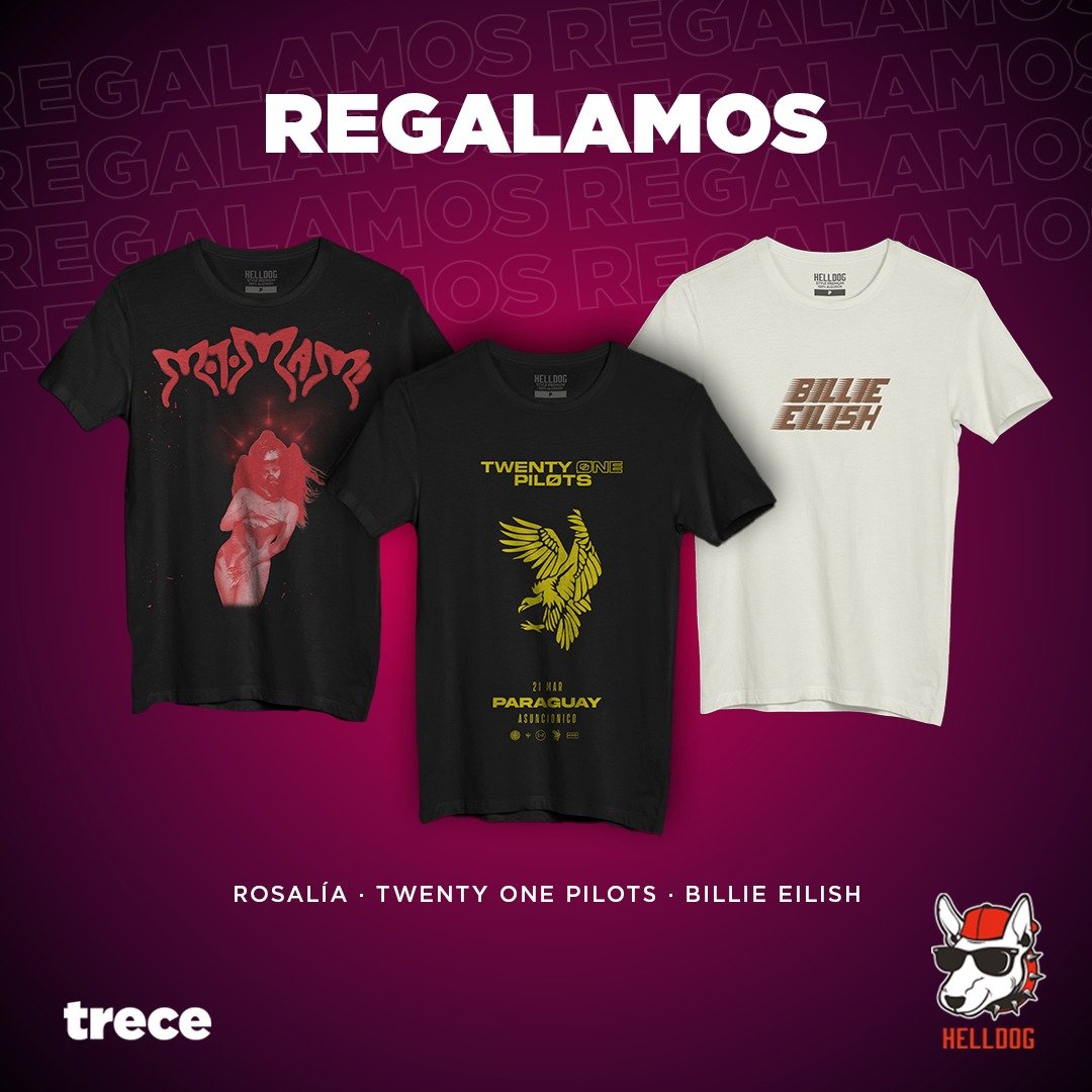 trecepy's tweet image. ¡REGALAAAAAMOS!💥 remeras de @rosalia  , @twentyonepilots  y @billieeilish  de la mano de #Helldog 😎🔝
 
¿Cómo participar? ⬇️
 Visitá nuestra cuenta de instagram (canaltrecepy) y seguí los pasos 

👉🏻 instagram.com/p/Cp8j5T-rLV9/

#Trece #SiempreConectados