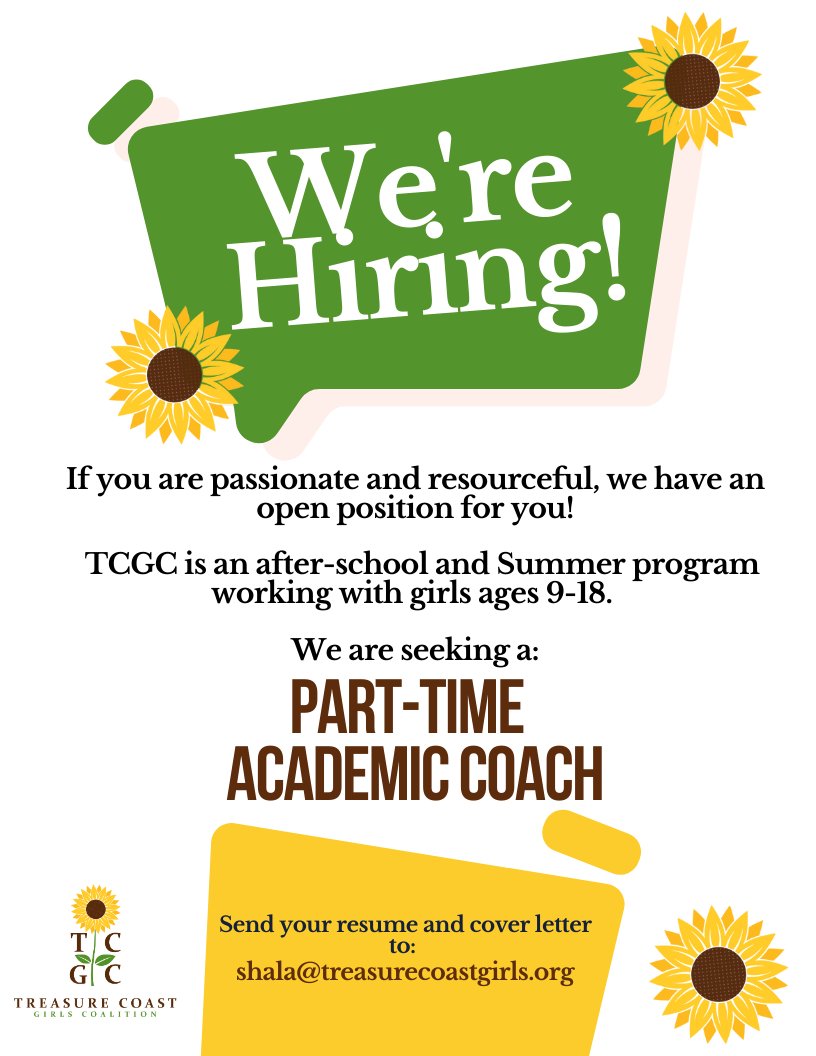 TCGC2021's tweet photo. Treasure Coast Girls Coalition (TCGC) seeks a part-time Academic Coach for after-school and summer programs. For more info: send your resume and cover letter to: shala@teasurecoastgirls.org https://t.co/cMA0w9qP7t