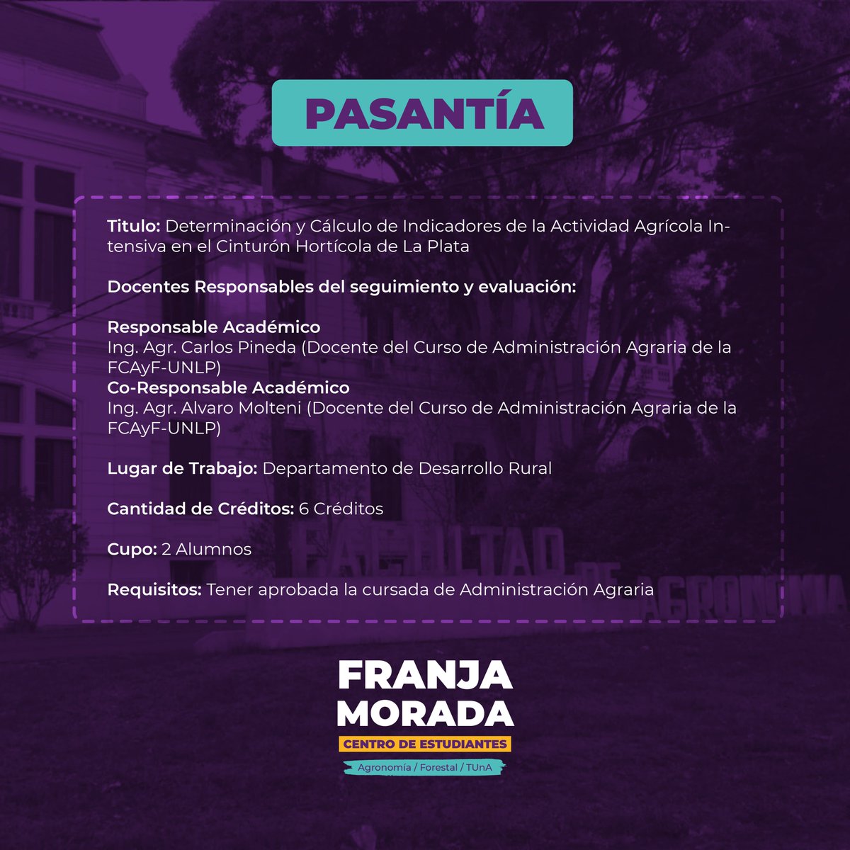 CEAFranjaMorada's tweet photo. Les dejamos ofertas de pasantías de Administración Agraria 🙌💜
FRANJA MORADA - CALDÉN
CONDUCCIÓN CEAF
#FranjaMorada #CEAF #FCAyF #UNLP #Pasantías https://t.co/HahRqu9FLt