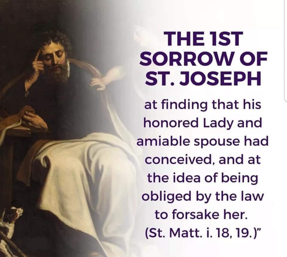 father_rmv's tweet image. Lenten Devotion: The Seven Sorrows of St. Joseph

O chaste Spouse of Mary most holy, glorious St. Joseph, great was the trouble and anguish of your heart when you wert minded to put away privately your inviolate Spouse, yet your joy was unspeakable when the surpassing mystery of…