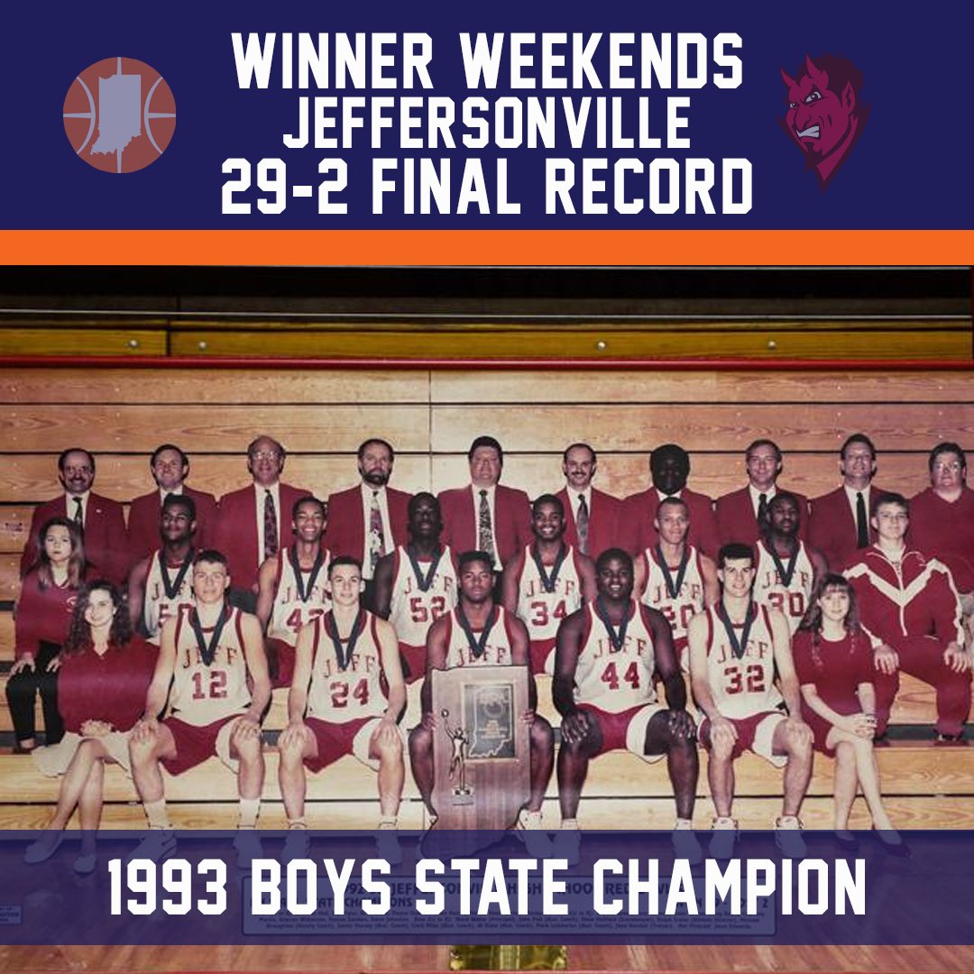 HoopsHall's tweet photo. The seventh #WinnerWeekend | 1993 Jeffersonville Red Devils
Heading into the 1993 State Finals the Jeffersonville Red Devils had been to the finals six times but never won. However, this team who headed into the day at 27-2 looked to finally take the title home to Jeffersonville. In the first game, the Red Devils led by Brian Hanley’s 25 points defeated South Bend Saint Joseph. Hanley would impress again in the championship game. Behind his 22 points the Red Devils would overcome an early Ben Davis lead and come out on top 87-74.