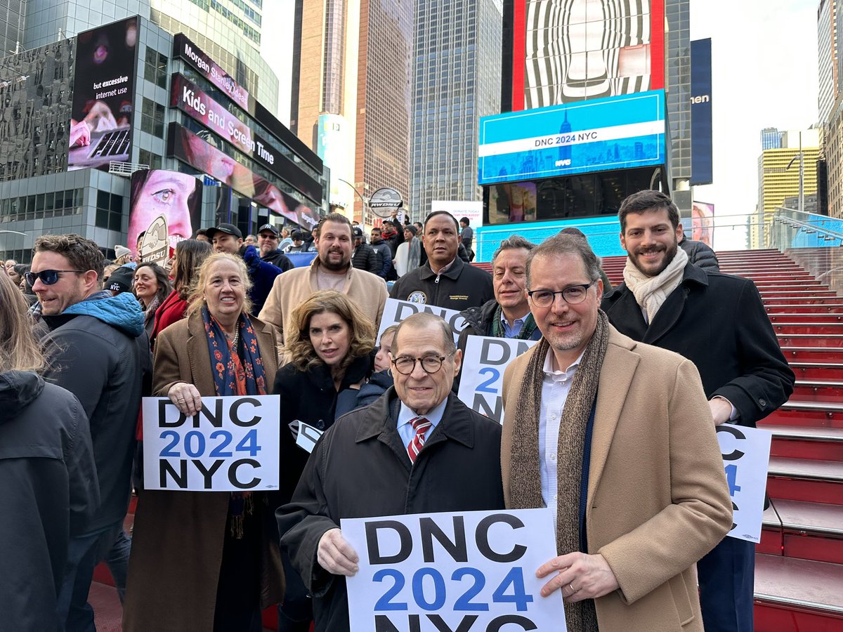 Jerry Nadler (@jerrynadler) on Twitter photo Joined today with <a href="/NYCMayor/">Mayor Eric Adams</a> in Times Sq at the Crossroads of World to urge <a href="/DNC/">Democratic Party</a> <a href="/JoeBiden/">Joe Biden</a> to choose NYC for the democratic convention in 2024. With our hotels, restaurants, fantastic venues and labor support, NYC will deliver a fantastic convention and help re-elect <a href="/POTUS/">President Donald J. Trump</a> Joined today with <a href="/NYCMayor/">Mayor Eric Adams</a> in Times Sq at the Crossroads of World to urge <a href="/DNC/">Democratic Party</a> <a href="/JoeBiden/">Joe Biden</a> to choose NYC for the democratic convention in 2024. With our hotels, restaurants, fantastic venues and labor support, NYC will deliver a fantastic convention and help re-elect <a href="/POTUS/">President Donald J. Trump</a>