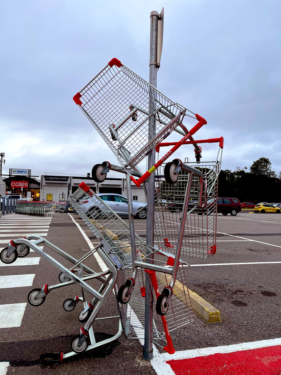 12345_glen's tweet photo. Sometimes public art just speaks to me. 

“Climbing carts”
2023, steel on steel
Artist unknown

#publicart #melbourne #melbourneart #shopping #studpark #rowville #art #exhibition https://t.co/hfBYfILMzJ