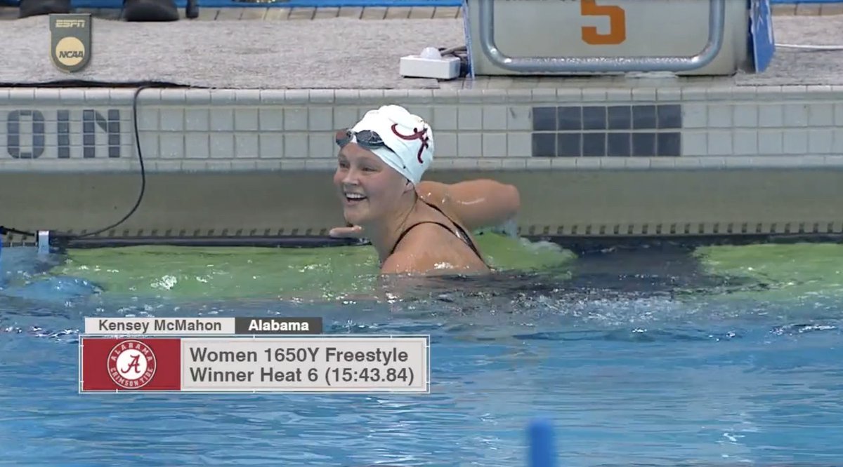 That’s two NCAA titles for for @AlabamaSwimDive Distance Queen Kensey McMahon!!! Finishing off her Crimson Tide career like a boss!!!

#ChampionshipSchool #BamaSpeed #RollTide